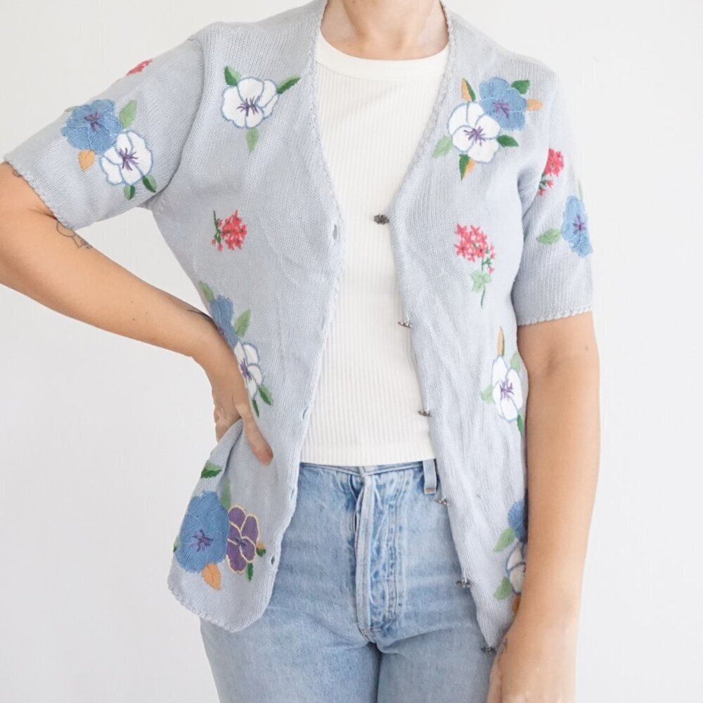 VTG Teddi Light Blue Floral Knit Cardigan 55% Ramie 45% Cotton Cottagecore S